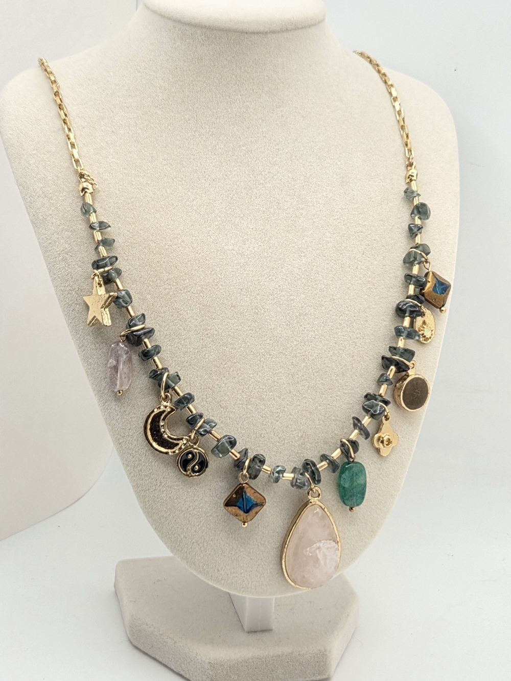 ​Boho Celestial Charm & Multi-Stone Chip Necklace